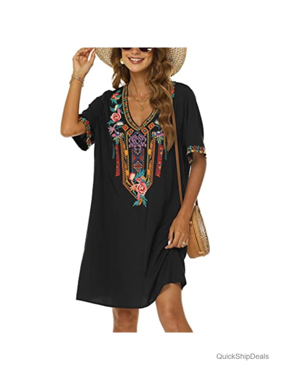 Embroidered Mexican Peasant Dress Boho Fiesta Tunic Plus Size
